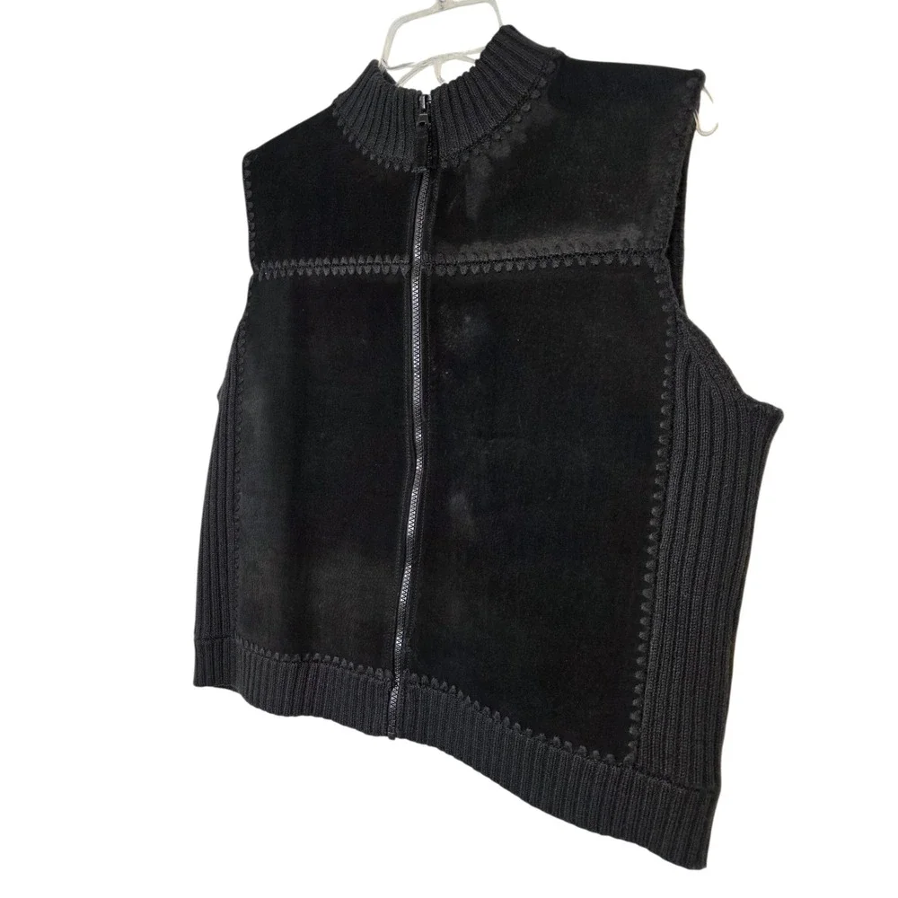 St Johns Bay Black Suede Leather Knit‎ Mock Neck Zip Vest Petite XL